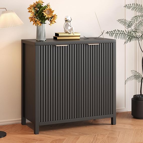 Svimi Black Fluted Door Accent Cabinet with Storage, 2 Door Sideboard Buffet, Console Tables & Entryway Table