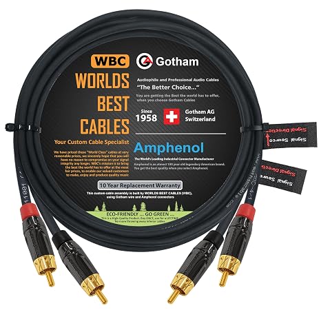 8 Foot RCA Cable Pair - Gotham GAC-4/1 (Black) Star-Quad Audio Interconnect Cable with Amphenol ACPL Black Chrome Body, Gold Plated RCA Connectors - Directional