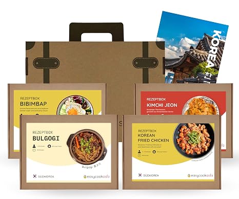 EasyCookAsia South Korea Box Cooking Set for Bulgogi Bibimbap Korean Fried Chicken & Kimchi Jeon Includes Kimchi Shiitake Mushrooms Gochujang with