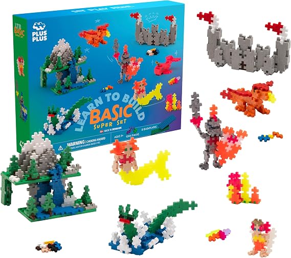PLUS PLUS - Learn to Build Super Set - Basic Mix, 1,200 Pieces w/ 4 Baseplates - Construction Building Stem / Steam Toy, Interlocking Mini Puzzle Blocks for Kids