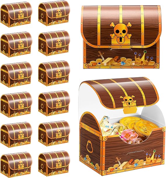 Chinco Treasure Treat Chest Boxes Cardboard Pirate Treasure Chest Party Favor Box Present Goodie Boxes for Halloween Game Pirate Theme Party(24 Pcs,Simple Style)