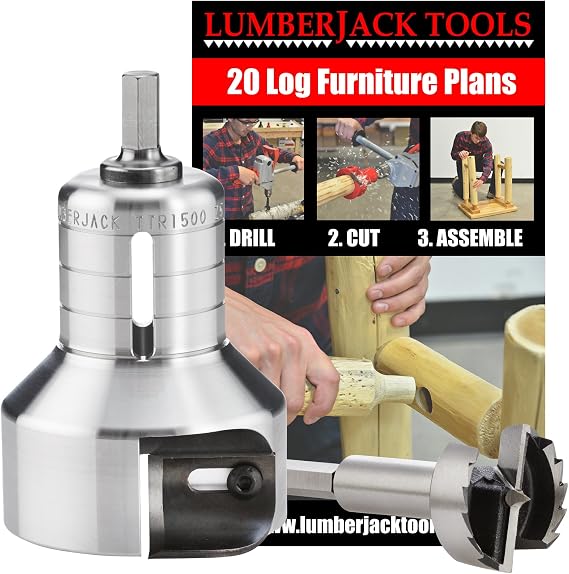 Lumberjack Tools Tenon Cutter Kit for Log Furniture, 1.5" Cutter & Forstner Bit, Pro Series Aluminum, 1/2" Shank, Dual Blades Create a Radius Shoulder Profile, Made in USA