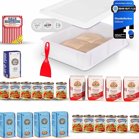 Delicret Pizza Kit 12 x 400 g San Marzano Tomatoes + 4 kg Caputo 4 x 1 kg Pizzeria + Molino Dallagiovanna 4 kg Pizza Flour Type 00 La Napoletana 1 kg Semola Flour 1 x Pizza Ball Box Pizza Dough Kit