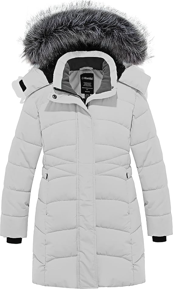 wantdo Girls Winter Coats Long Puffer Jackets Fleece Lined Removable Hood