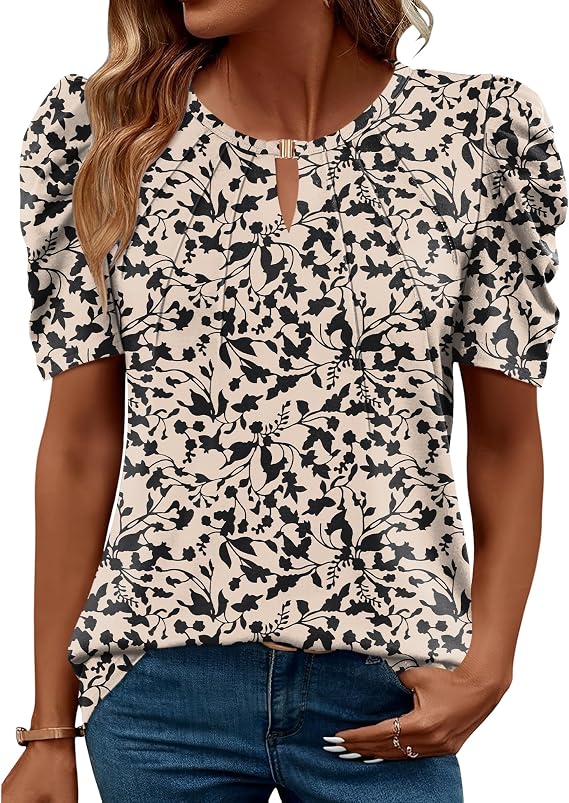 LUYAA Womens Summer Tops Dressy Casual V Neck Keyhole T Shirts Puff Short Sleeve Blouses