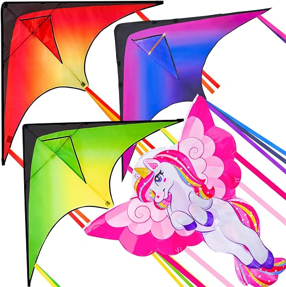 JOYIN 43.3'' Giant Unicorn Kite and 3 Packs Large Delta Kite Easy to Fly Huge Kites for Kids and Adults Beach Kite for Outdoor Games and Activities