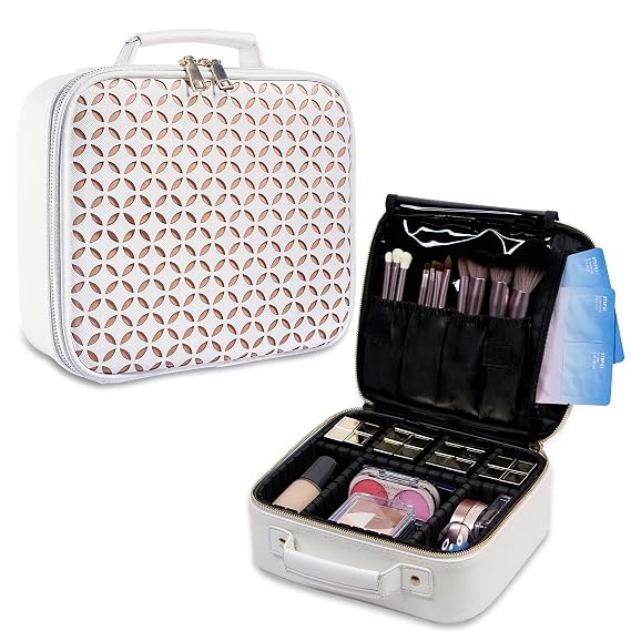 L'GLADKING Makeup Case Cosmetic Travel Bag Makeup Organizer Bag Travel Makeup Organizer with Brush Holder and Adjustable Dividers for Makeup Brushes Toiletry Jewelry Digital Accessories(white)