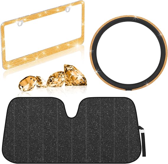 BDK Gold Diamond Crystal Bling Car Steering Wheel Cover with Matching Rhinestone License Plate Frame and Black Diamond Windshield Sunshade Set for Car Truck Van SUV