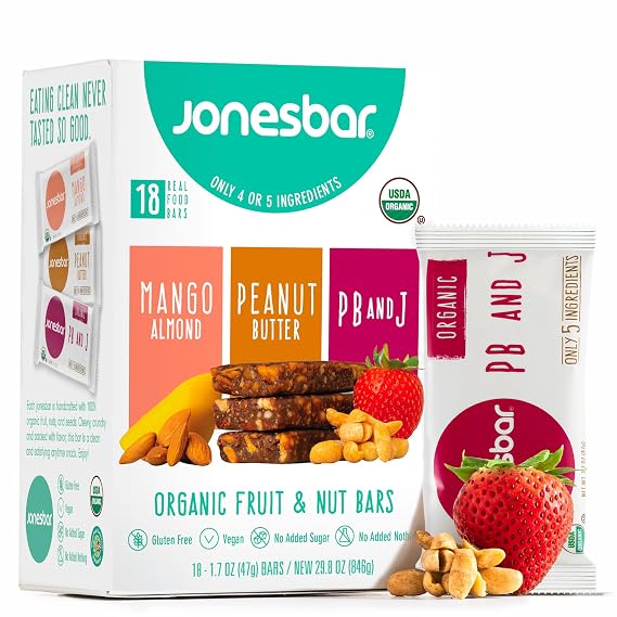 Jonesbar Organic Plant Based Protein Bars | 3 Flavor Variety Pack, 18 Bars | Healthy Gluten Free Snacks, Vegan, Kosher, No Added Sugar, No Oils, Nothing Artificial, With 5 Ingredients or Less