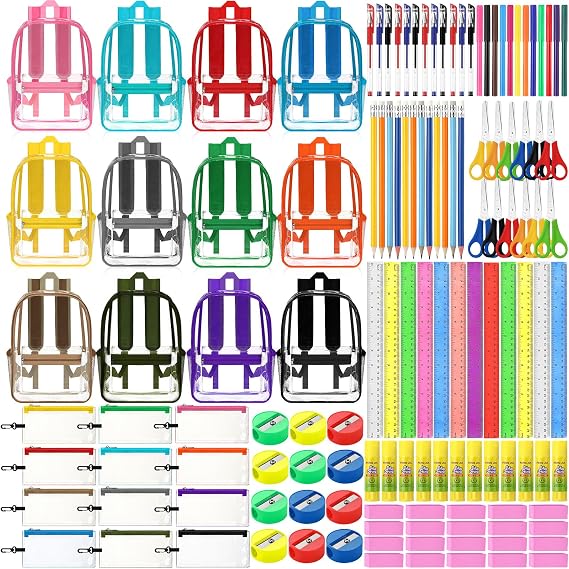 Gilprop 12 Set / 168 Pcs Backpacks Bulk with School Supplies Kits,Clear