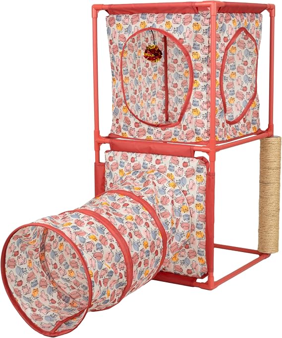 Kitty City Cozy Cube Retreat Cat Tower with Tunnel, Scratching Post & Hanging Toy, Dual-Level Indoor Cat Play Furniture for Climbing, Hiding & Lounging, Red