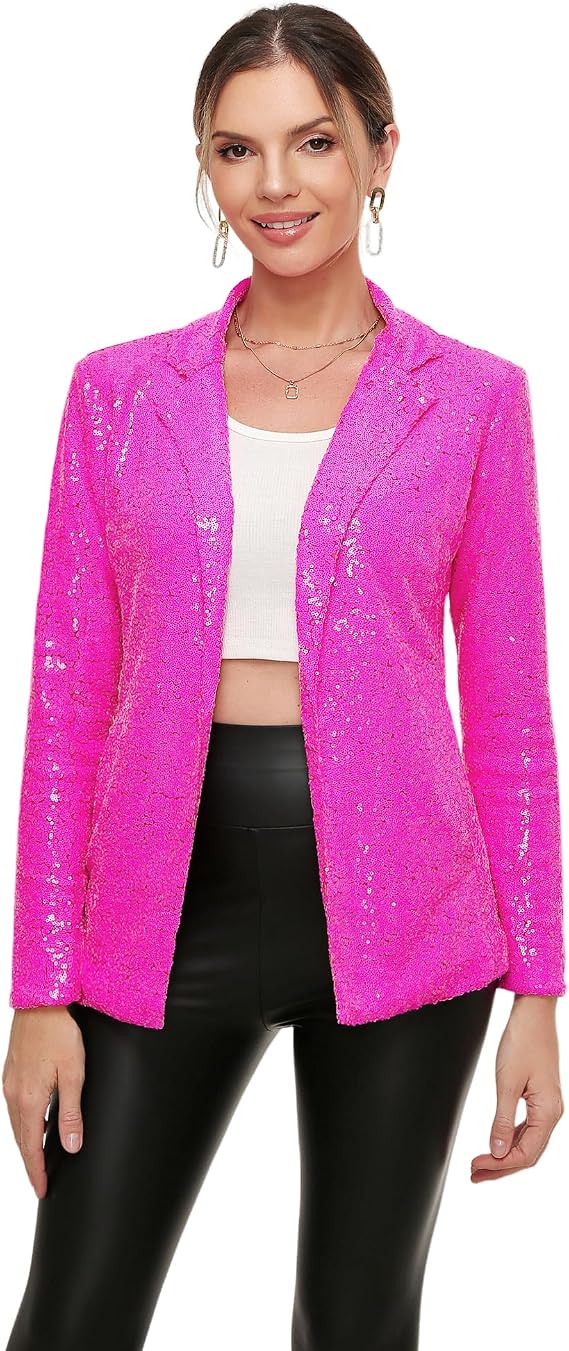 Women's Sequin Jacket Open Front Sparkly Blazer Jackets Casual Long Sleeve Party Glitter Cardigan with Pockets