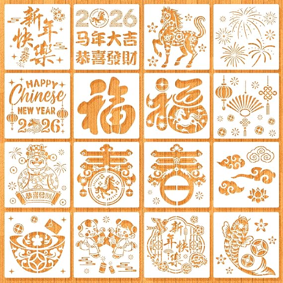 MWOOT Painting Stencils for 2026 Chinese New Year of The Horse, FU Characters Drawing Templates for China Lunar New Year Traditional Art Crafts Projects, 30X30CM Large