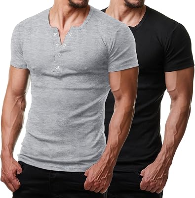 COOFANDY Mens Slim-Fit Short-Sleeve Henley Shirt Casual Muscle T-Shirt with Button BlackGrey