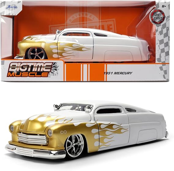 Jada Toys Bigtime Muscle 1:24 1951 Mercury Die-cast Car Opening Doors, Hood, Trunk, Rubber Tires(White/Gold Flames)