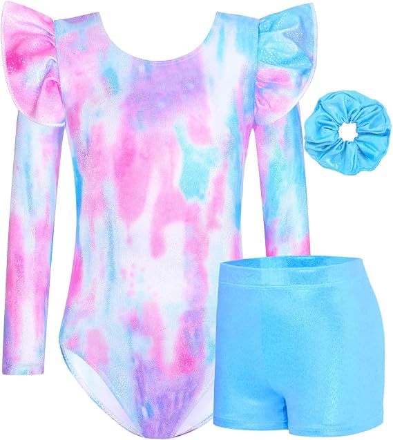 Girls Gymnastics Leotards Set Ruffle Long Sleeve Biketard 3-12Y