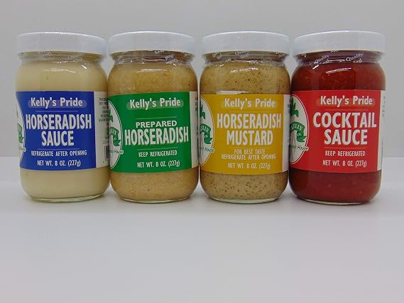 Kelly Pride-Prepared Horseradish, Horseradish Mustard, Horseradish Sauce and Cocktail Sauce 8 oz jars, Prepared Horseradish Made from 100 percent fresh grated horseradish roots