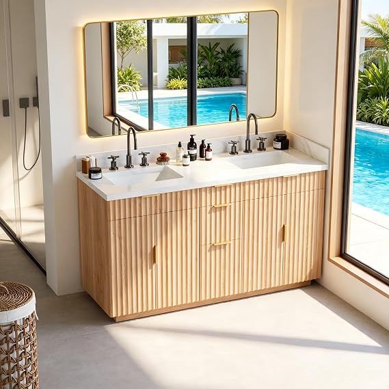 60 Inch Bathroom Vanity Double Sink, Solid Oak Wood, Quartz Top