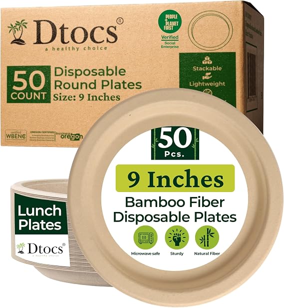 Dtocs Bamboo Disposable Plates 9 Inch Round (50 Pcs) | Sturdy Dinner Plate | Microwavable & Freezer Safe Dinner Plates, Stackable, Sturdy Dinnerwares for Catering, Composter Safe Alt to Paper Plates