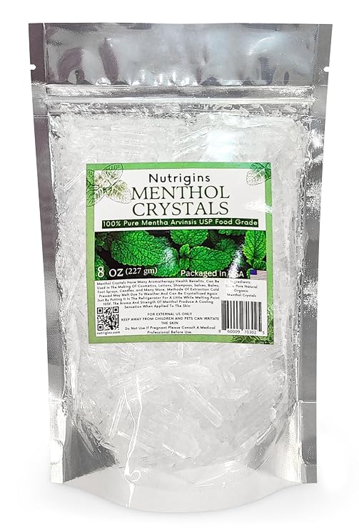 Menthol Crystal 8 Oz - Pure Organic 100% Natural - Menthol Crystals from Mint Mentha Arvensis -  in Resealable Standup Bag for Long-Lasting Freshness