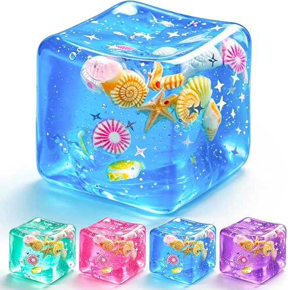 1Pc Squishy Stress Balls,Slow Rising Sensory Fidget Toy with Marine Shells Inside Square Soft Sensory Anxiety Relief Squeeze Cube for Adults Teens Kids(Blue)