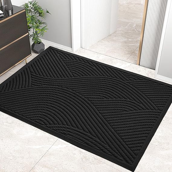 HIYARD Sturdy Front Door Mat, Absorbent Muddy Dirt Resist Welcome Door Mats Outdoor Indoor, Stain and Fade Resistant, Non-Slip Backing Entry Mat Low Profile Doormat for Entryway, 6036, Black
