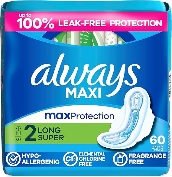 Always Maxi Feminine Pads with Wings for Women, Size 2, Long Super Absorbency, Unscented 60 Count