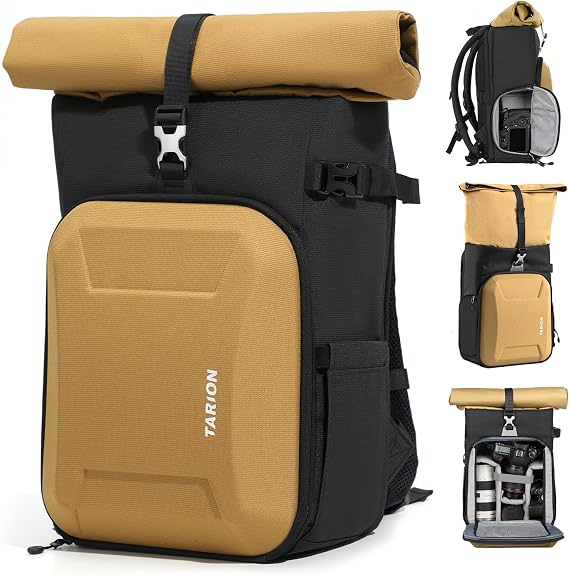 TARION Urban Large Camera Backpack with Rolltop Hardshell 16L Gold XH