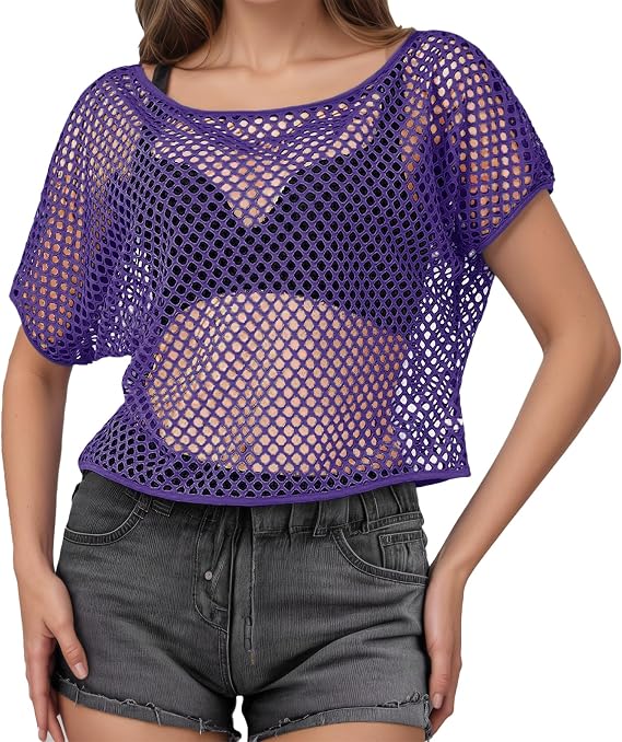 80s Neon Shirts for Women, Fishnet Top, Casual Neon Clothes, Off-Shoulder T-Shirt, Suitable for Masquerade Disco Party