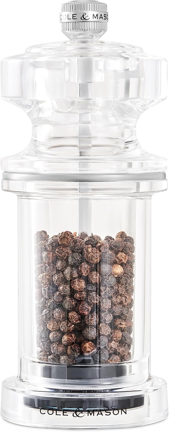 Cole & Mason 605 Refillable Spice Mill - Kitchen & Home Accessory - Table Pepper Grinder - Peppercorn Included - Acrylic - New Pepper Mill 5.5"