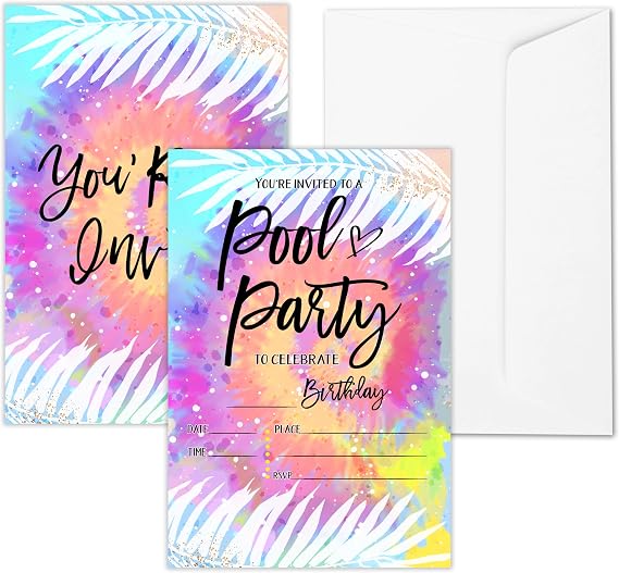 Birthday Party Invitations, Pool Party Invitations Cards With Envelopes, Dye Colorful Summer Birthday Invites For Girls Boys Kids Adults, 20 Cards -f02