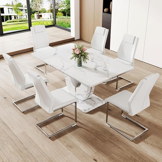 JUFU 7 Piece Dining Table Set for 6, 63 Inch Faux Marble Rectangular Kitchen Table and Chairs Set, Modern Dining Room Table Set with U-Shaped Pedestal Base & 6 White PU Leather Cantilever Chairs