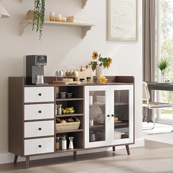 Garvee Buffet Sideboard with Storage,55" Large Kitchen Storage Cabinet with 4 Drawers and 2Doors,Wood Farmhouse Buffet Sideboard with Adjustable Shelf for Kitchen Living Room, Entryway,Walnut