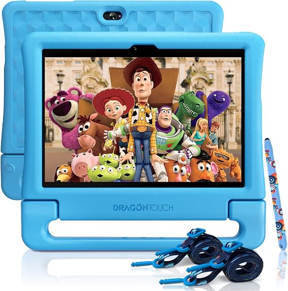 Dragon Touch Kids Tablet 10 inch IPS HD Display Android Tablets with 32GB Storage, 2GB RAM, Quad Core Processor, KIDOZ Pre-Installed, Kid-Proof Case, Shoulder Strap and Stylus, WiFi Only Blue