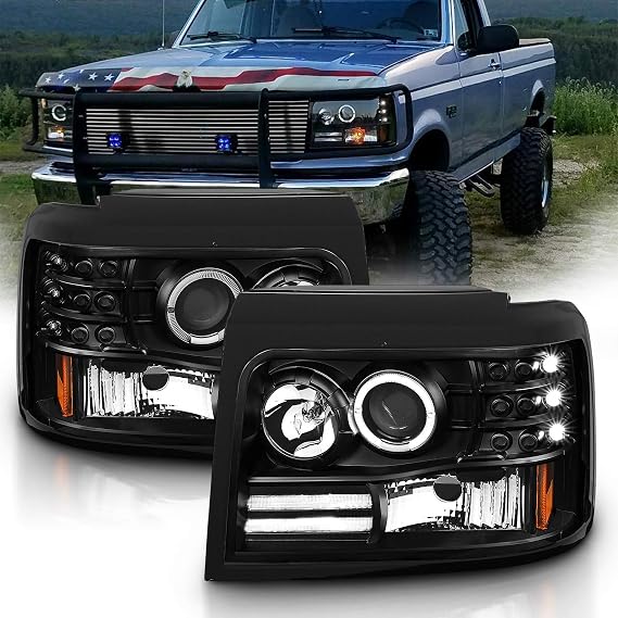 AmeriLite LED Halo Bar Projector Replacement Halogen Car Headlights Set For Ford F150/F250/F350/Bronco - Passenger Right and Driver Left Side, Vehicle Light Assembly, Black