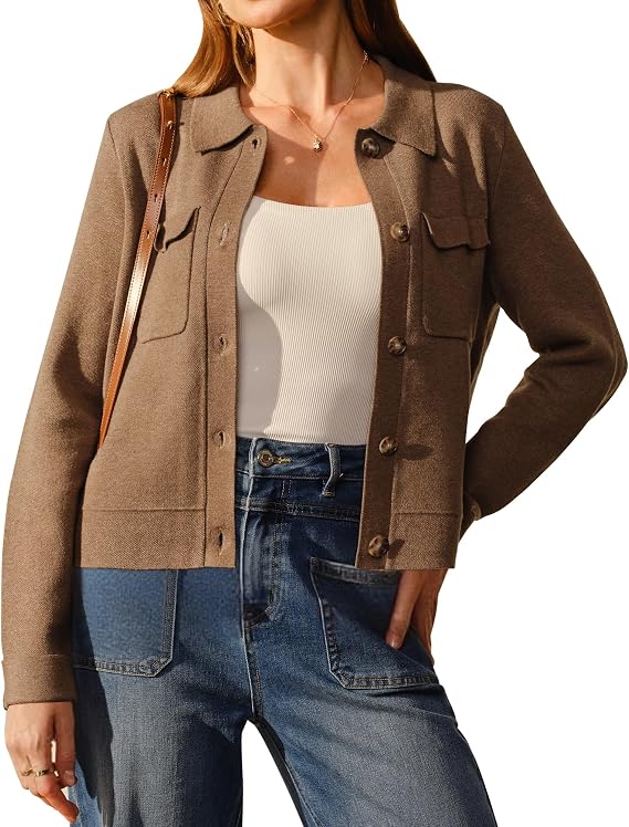 Arach&Cloz Women's Wool Blend Cropped Sweater Cardigan Jacket