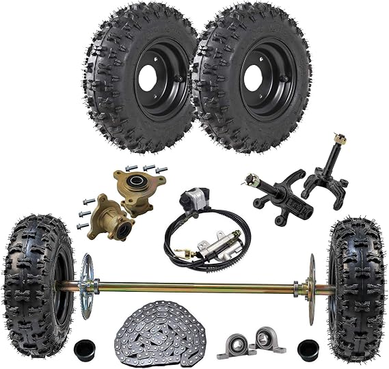 Rear Axle Shaft Kit with 4.10-6 Front/Rear Wheels Tires Rims Brake Assembly and Chain & Sprocket & Steering Knuckle Kit for Go Kart Quad Trike Drift Bikes
