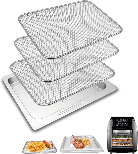 4 Pieces Set Air Fryer Drip Pan with Basket for Chefman Multifunctional Digital 10 QT 10L XL Air Fryer 17 Touch Screen Presets, Air Fryer Accessories Grill Pan Plate Replacement Tray Parts