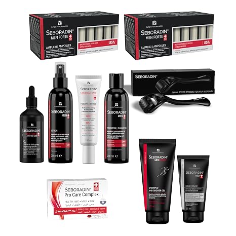 SEBORADIN Maria Black Set PRO for Men - Ampoules - Derma Roller - Anti-Hair Loss Night Scalp Serum - Shampoo 200 ml - Hair Lotion 200 ml - Exfoliating - Cream 50 ml - Shower Gel 2-in-1 - Vitamin