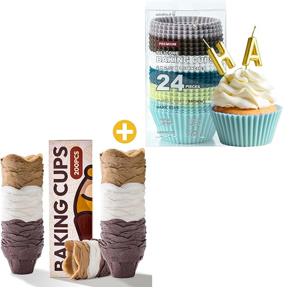 Lotus Tulip Cupcake Liners 200pcs & Silicone Cupcake Baking Cups Katbite 24 Pack