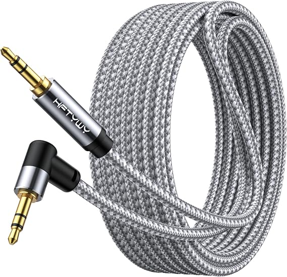 90-Degree Right Angle Aux Cord 6.6ft, 3.5mm Audio Cable Nylon Braided, Hi-Fi Stereo Sound for Car Stereo, Headphones, Speakers, Desktop Gaming - No Bulk, No Strain