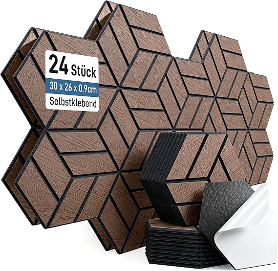 Pack of 24 Hexagon Acoustic Panels, Self-Adhesive, 30 x 26 x 0.9 cm, High Density Sound Absorber Wall, Sound Insulation Panels for Studio, Office, Acoustic Treatment and Gaming Decoration