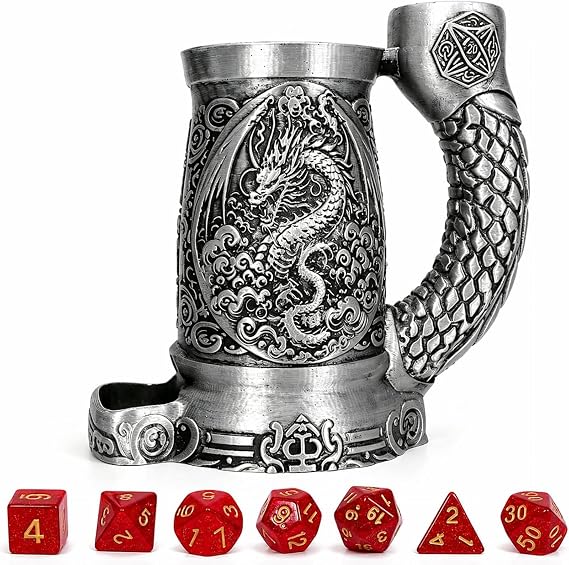Dice Tower Mug, Dice Rolling Tower,  with 7 PCS Dice Set, Suitable for DND Dungeons and Dragons, Tabletop Games, Available As Drink Holder, D&D Gifts, DND Accessories (Silver-Dragon)