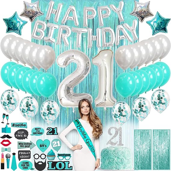 21st Birthday Decorations for Her, Happy 21st Birthday Sash, 21st Birthday Cake Topper, 21st Birthday Photo Booth Props, 21 Balloon Number, 21st Birthday Backdrop For Her, 21st Birthday Gifts for Her