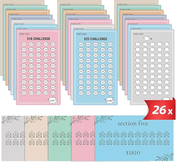 Giftota 26Pcs Budget Savings Card, 100 Envelopes Savings Challenge Tracker Card, to Save $5050, 500, 10000, 1000, etc