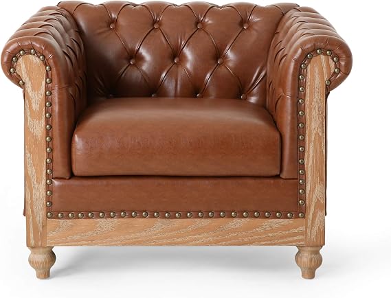 Castalia Tufted Club Chair with Nailhead Trim - Cognac Brown/Natural
