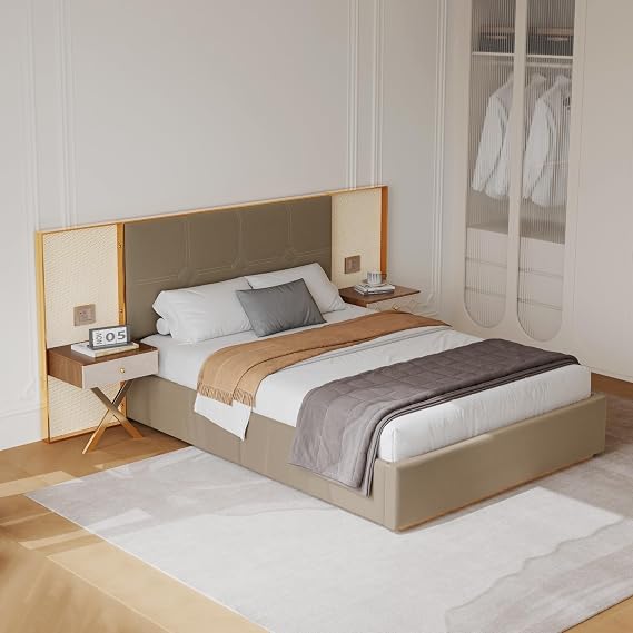 DEINPPA Queen Size Luxury Bed Frame with Charging Ports and Built-in LED Lights, Velvet Upholstered Platform Bed with Nightstands and Oversized Headboard, No Box Spring Needed-Coffee