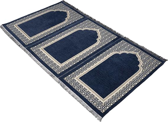 Modefa Turkish Islamic Prayer Mat - Wide Chenille Praying Mat - Multi Person Muslim Janamaz Sajada for Family - Large Gathering & Group Praying Carpet - Selcuk Star 3 Person (Navy Blue)