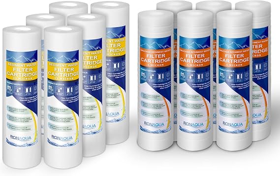 Sediment Water Filter Cartridge 6 Pack, 25 Micron & 6 Pack Grooved 1 Micron Sediment Water Filter Cartridges 10"x2.5", Four Layers of Filtration Removes Sand, Dirt, Silt, Rust, made from Polypropylene