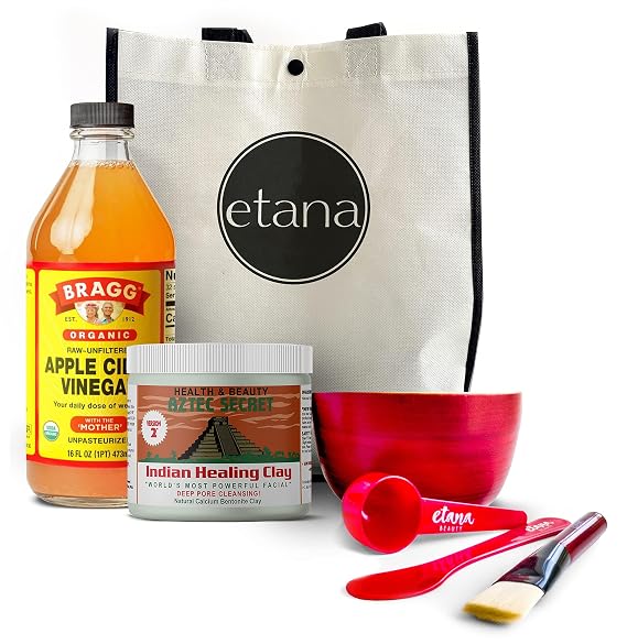 Aztec Secret Clay Premium Mask Set by Etana Beauty All-In-One Kit Includes 16 oz Indian Healing Clay, 16oz Bragg's Apple Cider Vinegar, Natural Bamboo Bowl, Stir, Scoop, Brush & Tote